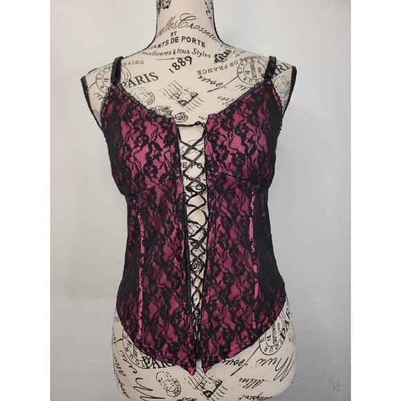 Y2K Pink Black Lace Overlaid Corset Top M Goth Ravewear Lace Up Romantic Fairy - Picture 2 of 8
